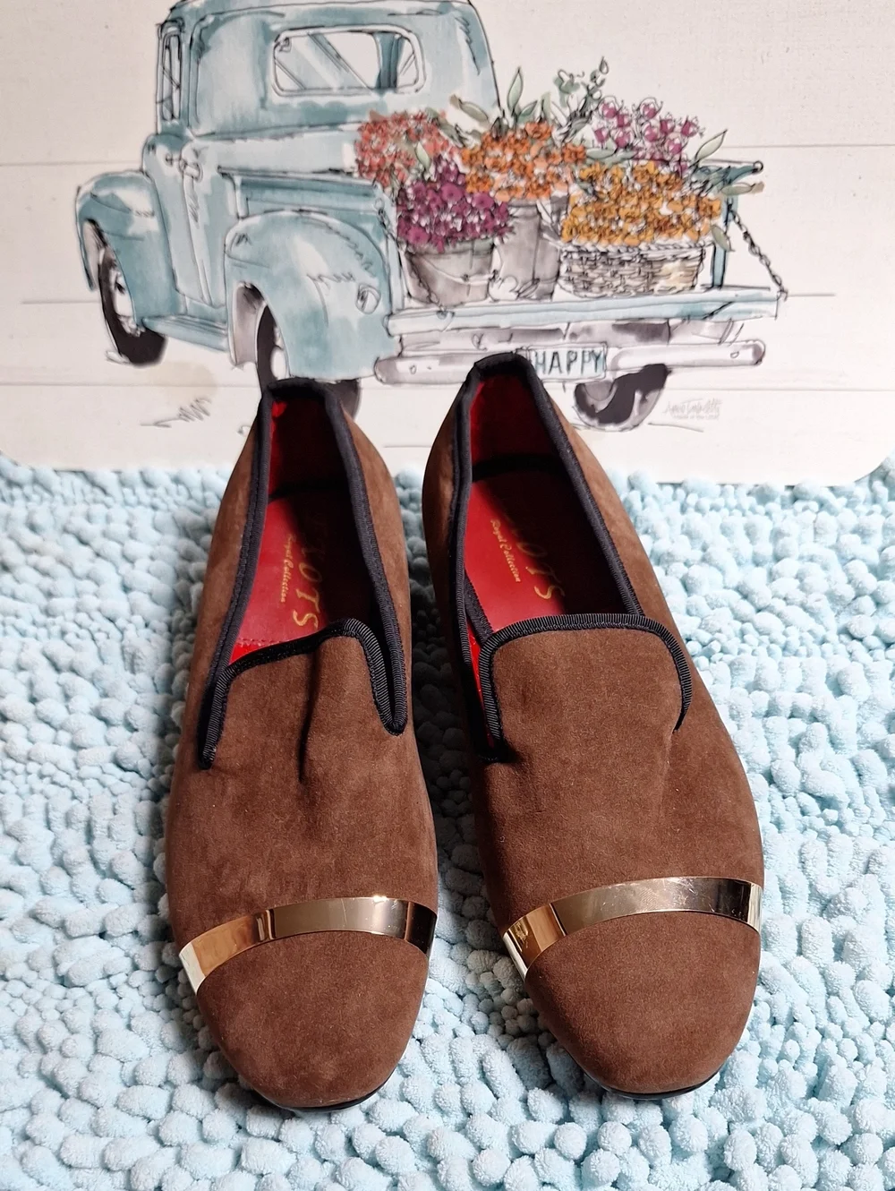 Brown Suede Ekot Men’s Slip-On Loafers with Gold Accent